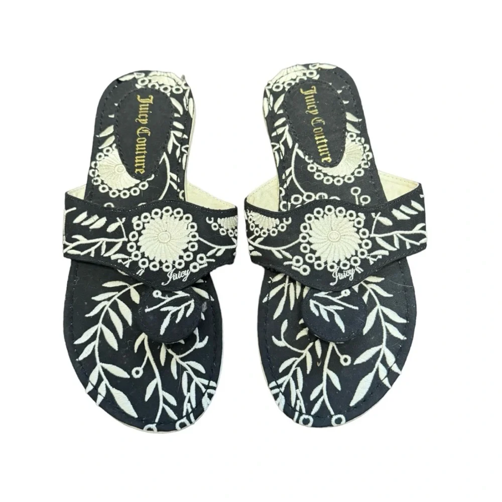 Juicy Couture Tiki embroidered Black Angel Off White Embroidery sandals Size 9